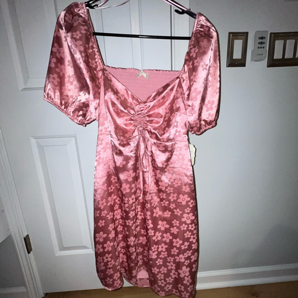 Altar’d State pink tie front puff sleeve flowy dress